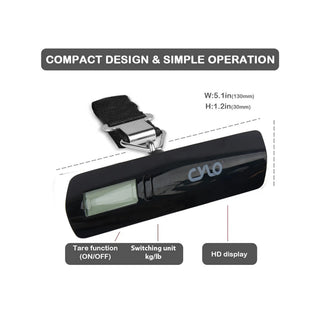 Compact digital scale for luggage with LCD display, tare function, and kg/lb unit switch.