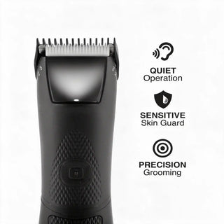 Close-up of ceramic manscaping trimmer blade and built-in guard 